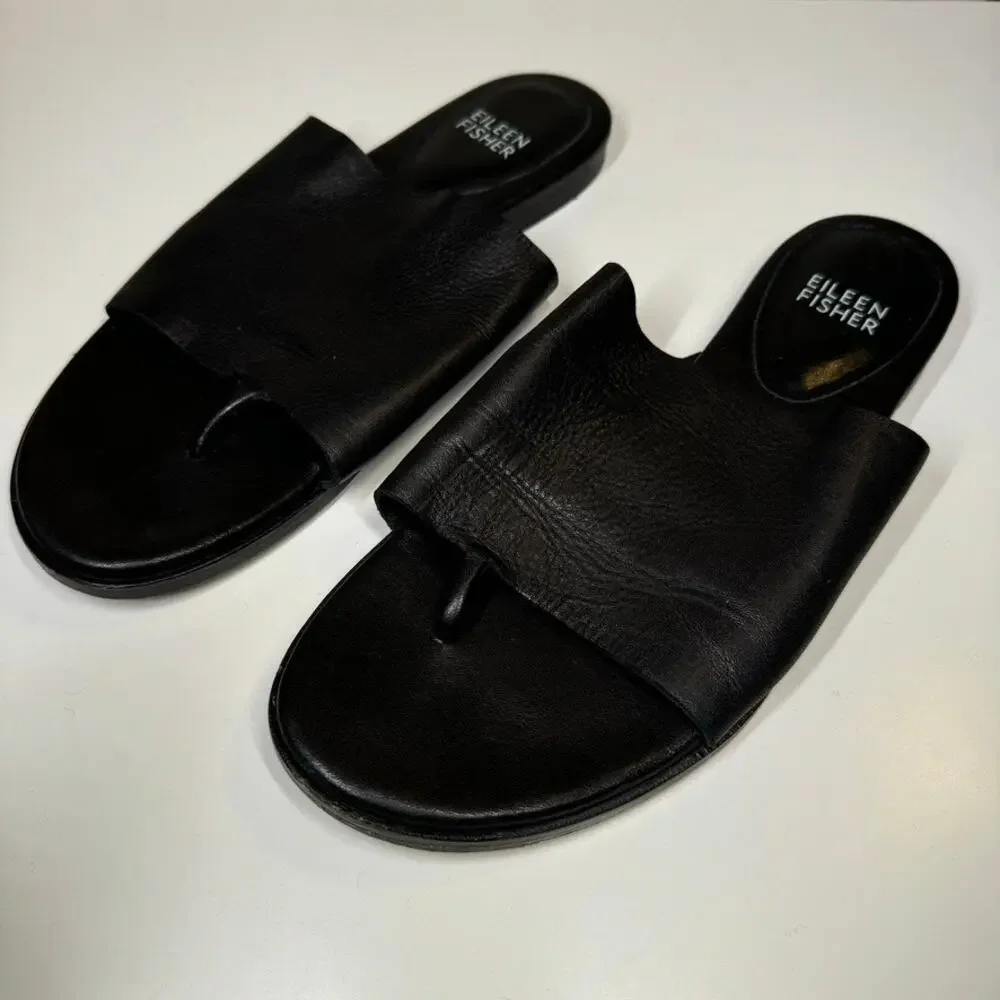 Eileen Fisher Black Leather Toe Ring Slides Sandals 6.5 Vero Cuoio Minimalist